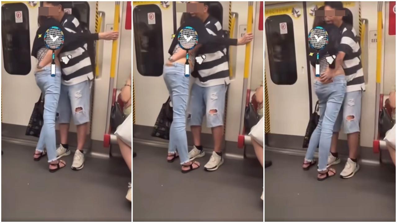 網上熱話｜港鐵四眼男車廂現「活春宮」　伸手入女伴褲內狂摸。(網片截圖)